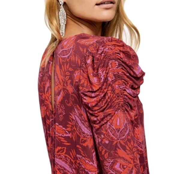 Free People Hello Lover Red Scarlett Floral Print Tunic Dress Sz XS Puff Sleeve - Picture 12 of 12